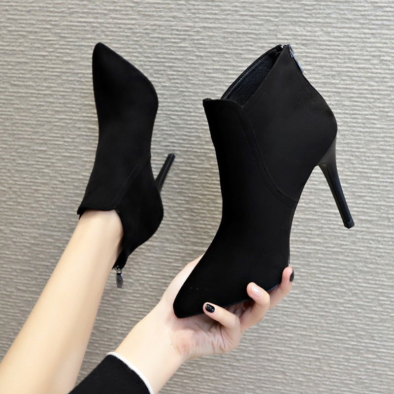 Short boots women's high heel slim heel pointed back zipper Plush boots