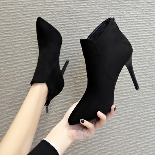 Short boots women's high heel slim heel pointed back zipper Plush boots