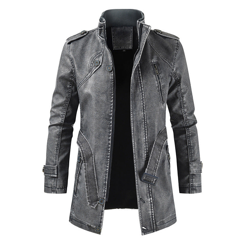 Trendy casual men's mid-length slim-fit cold-proof leather jacket
