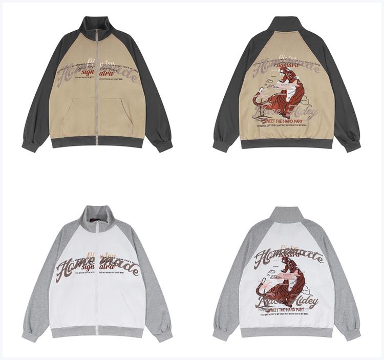 Women's Loose Tiger Embroidered Stand Collar Colorblock Jacket