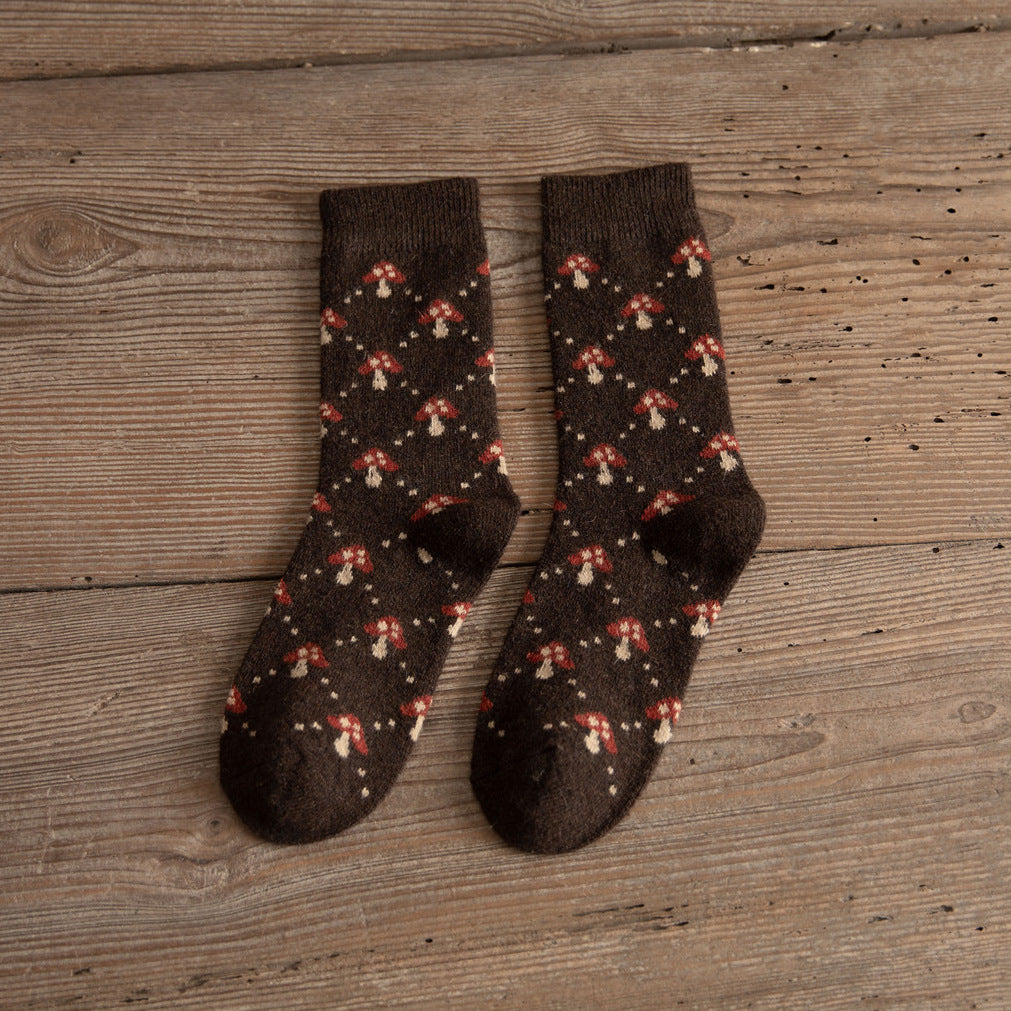 Medium Tube Thickened Brown Small Mushroom Wool Women's Socks