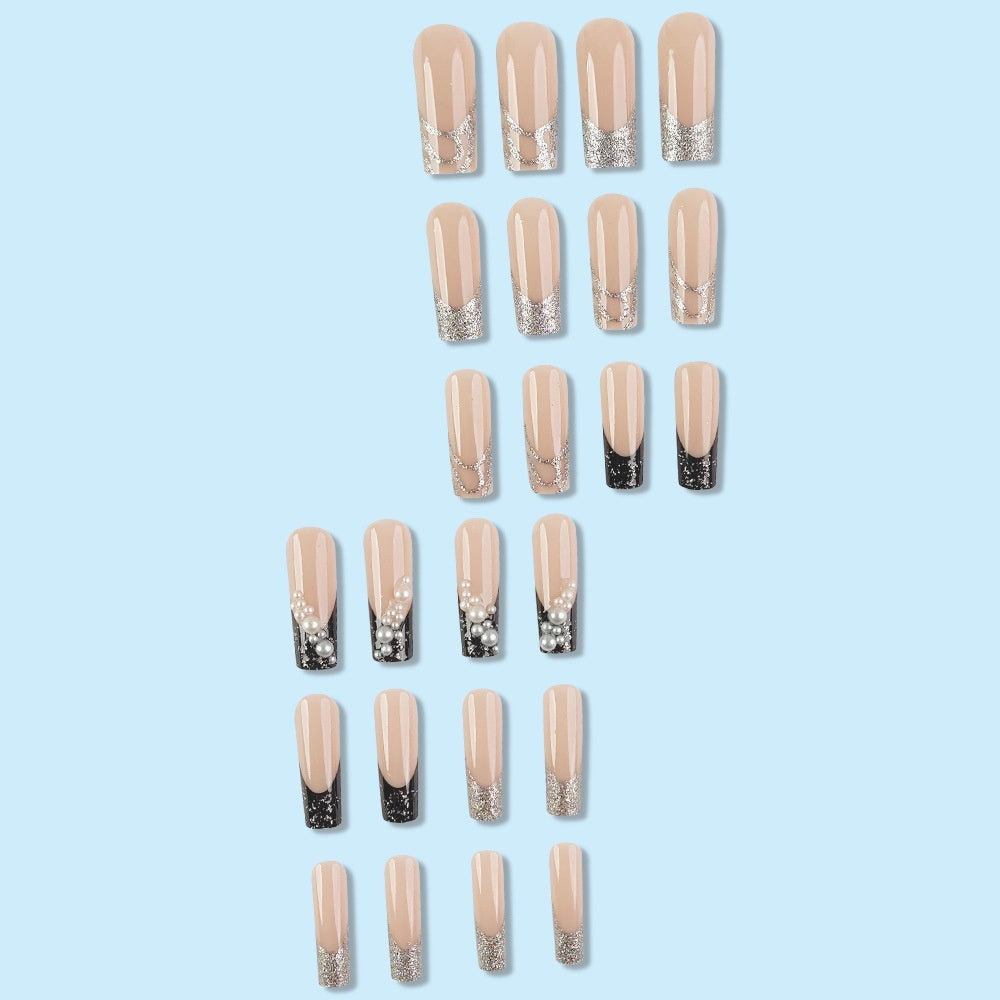 Super Long Pearl Glitter Black Silver French Manicure