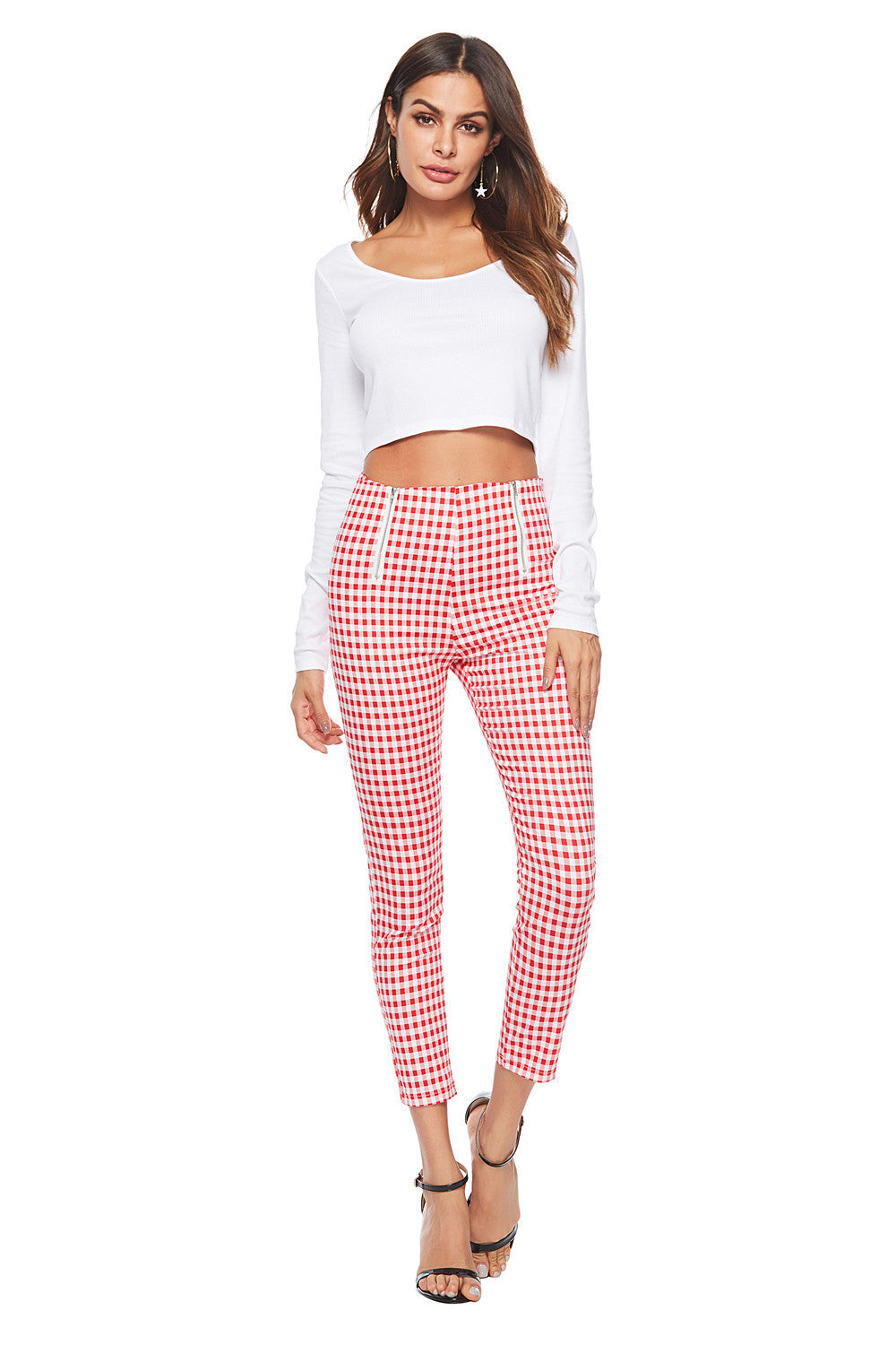 Black and white checked zipper trousers