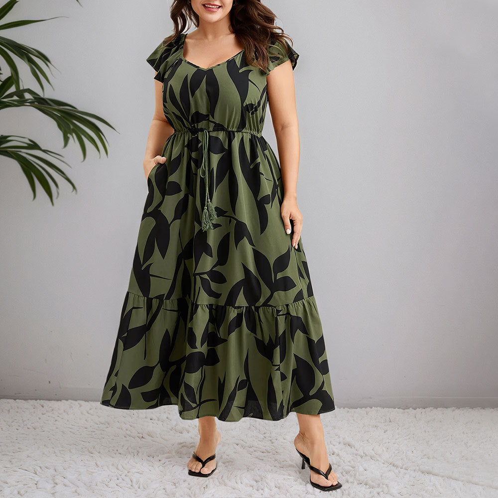 Floral Flutter-Sleeve Drawstring-Waist Maxi Midi Slimming Dress