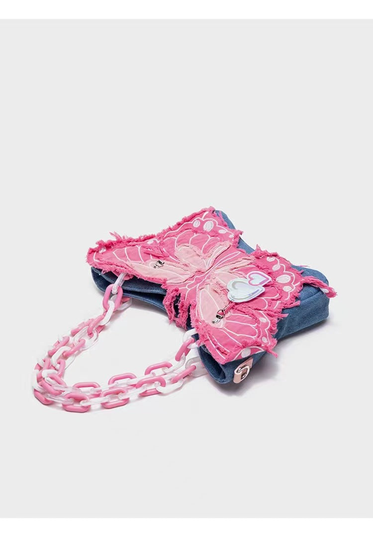 Original Denim Butterfly Contrast Color Acrylic Chain Shoulder Messenger Bag