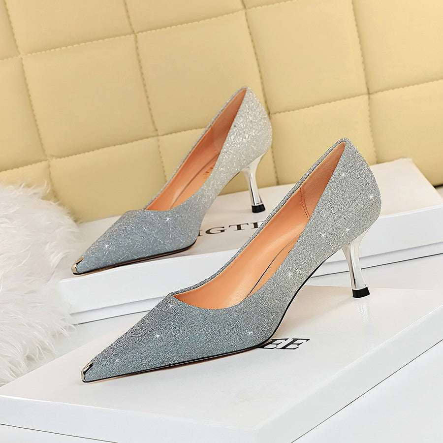 High Heels Stiletto High Heel Shallow Mouth Color Gradient Metal Pointed Toe Shoes