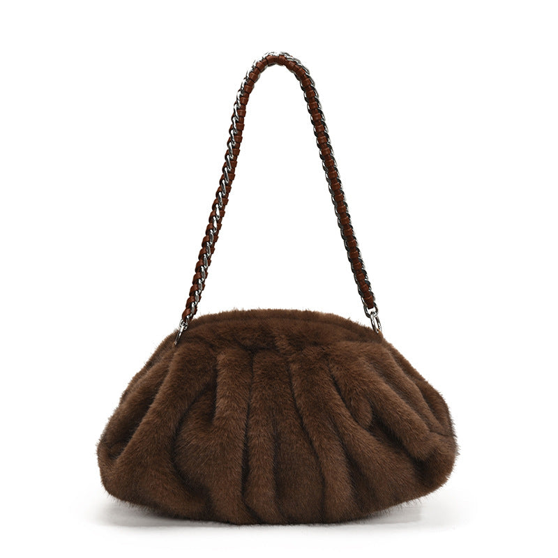 Faux Mink Fur Pleated Cloud Plush Shoulder Bag