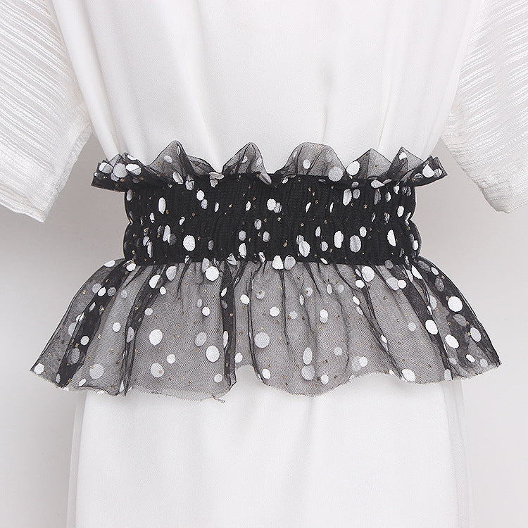 Glitter Polka Dot Mesh Pleated Elastic Waist Metal Double Buckle Wide Belt Girdle