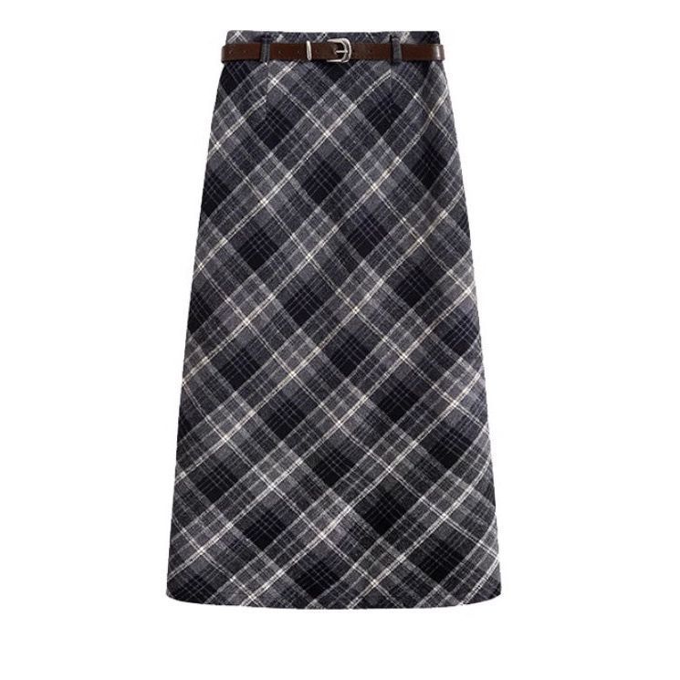 High Waist Mid-length Woolen Plaid Skirt For Women