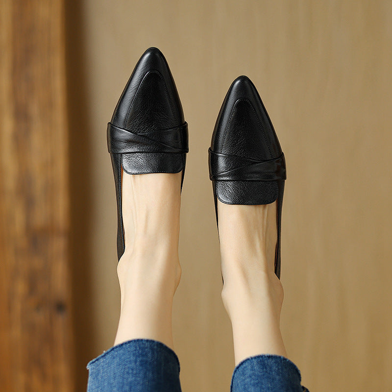 Full-grain Sheepskin Pointed-toe Chunky Heel Shoes Women's Spring New