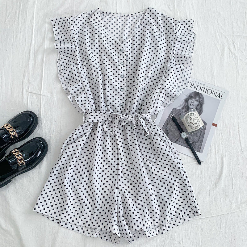 Versatile V Neck Polka Dot Flying Sleeves Lace Up Jumpsuit Wide Leg Pants Shorts