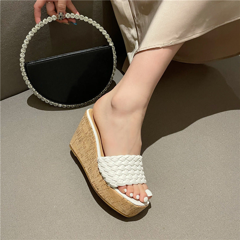 Wood Grain One-word Drag Square Head Woven Wedge Sandals And Slippers