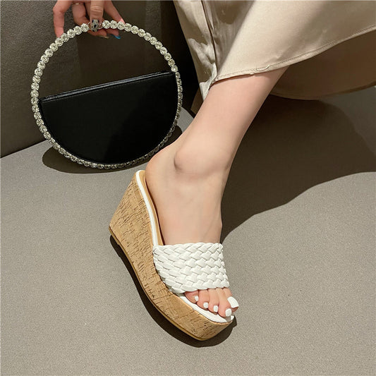 Wood Grain One-word Drag Square Head Woven Wedge Sandals And Slippers
