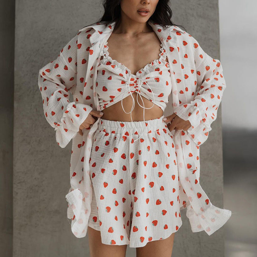 Sweet Floral Print Womens Cotton Ruffle-Trim Underwear Three-Piece Set Long-Sleeve Top And Shorts