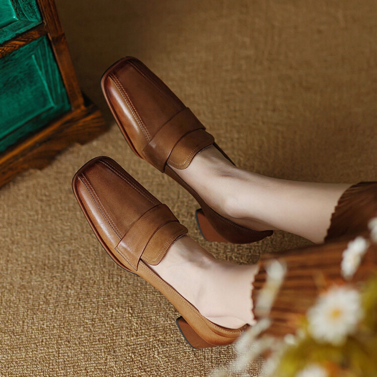 Square-toe Chunky-heel Mid-heel Low-cut Shoes