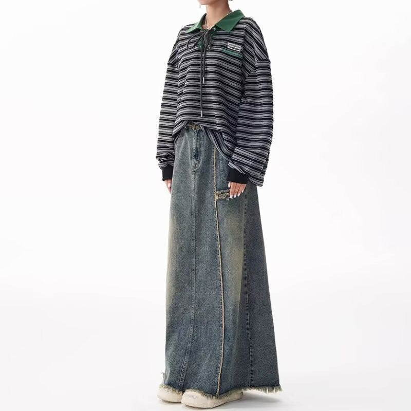 American Style Distressed Raw Edge Denim Skirt Plus Size Women