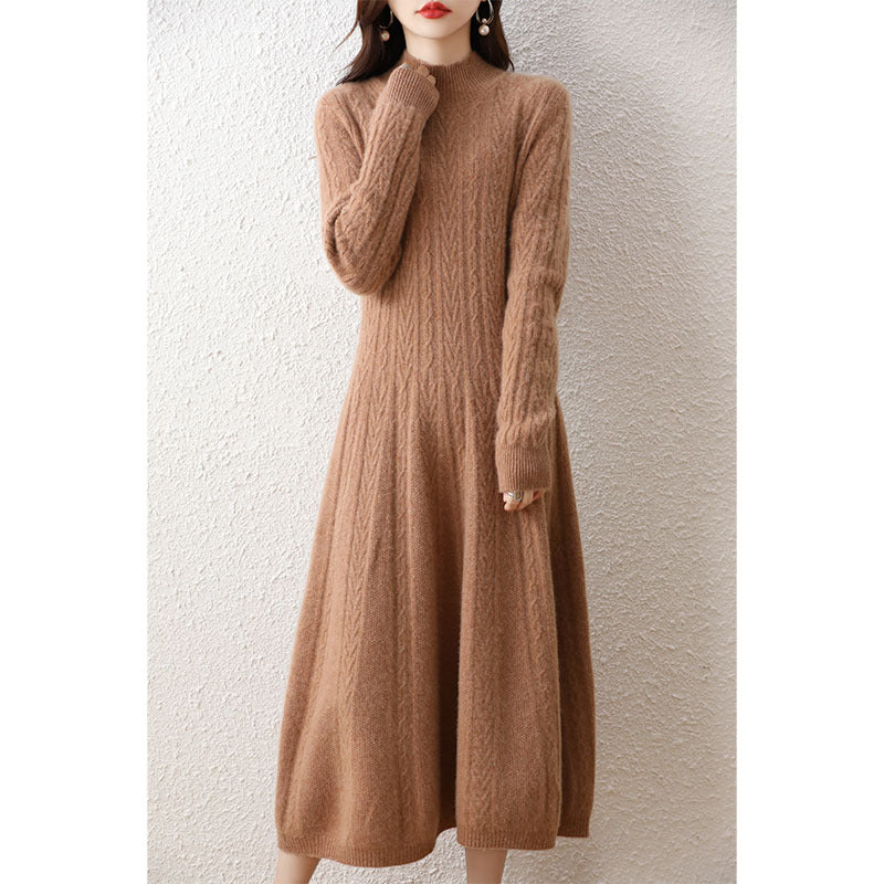 Base Skirt Paired With A Dress Featuring A High-neck Design And A Length Below The Knee
