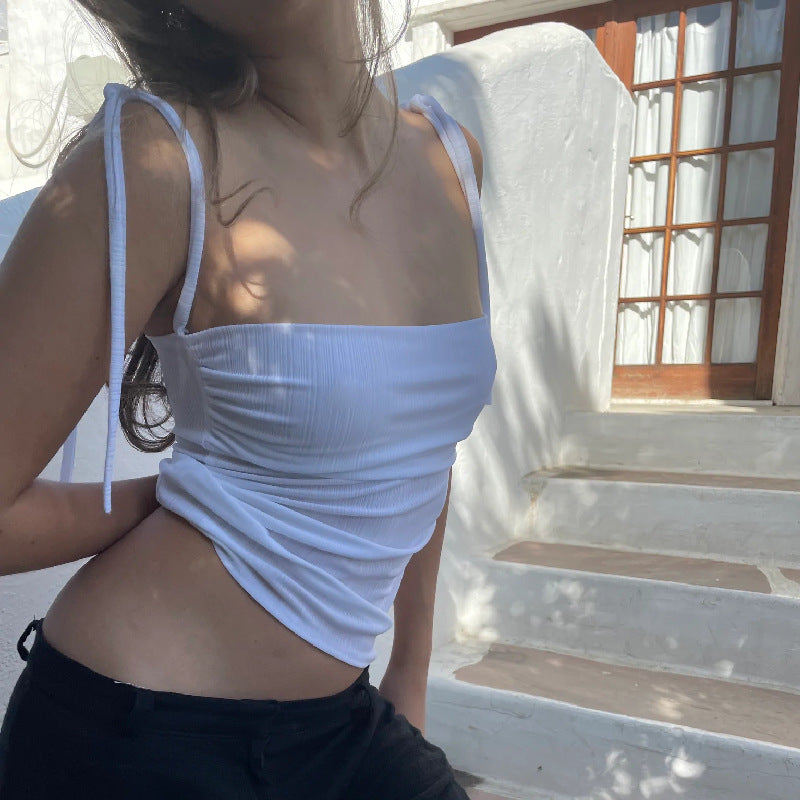 Flat Neck Bra With Lace Pleats And Exposed Navel Strap Vest