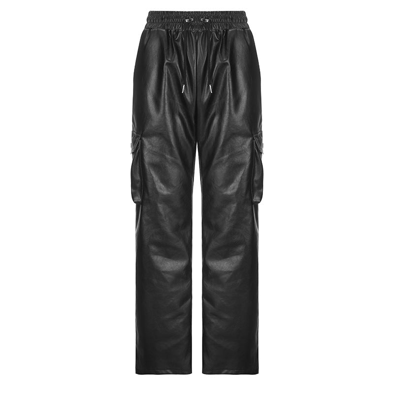 Street Pocket Tooling Leather Straight Leg Pants Elastic Waist Wide Punk Texture