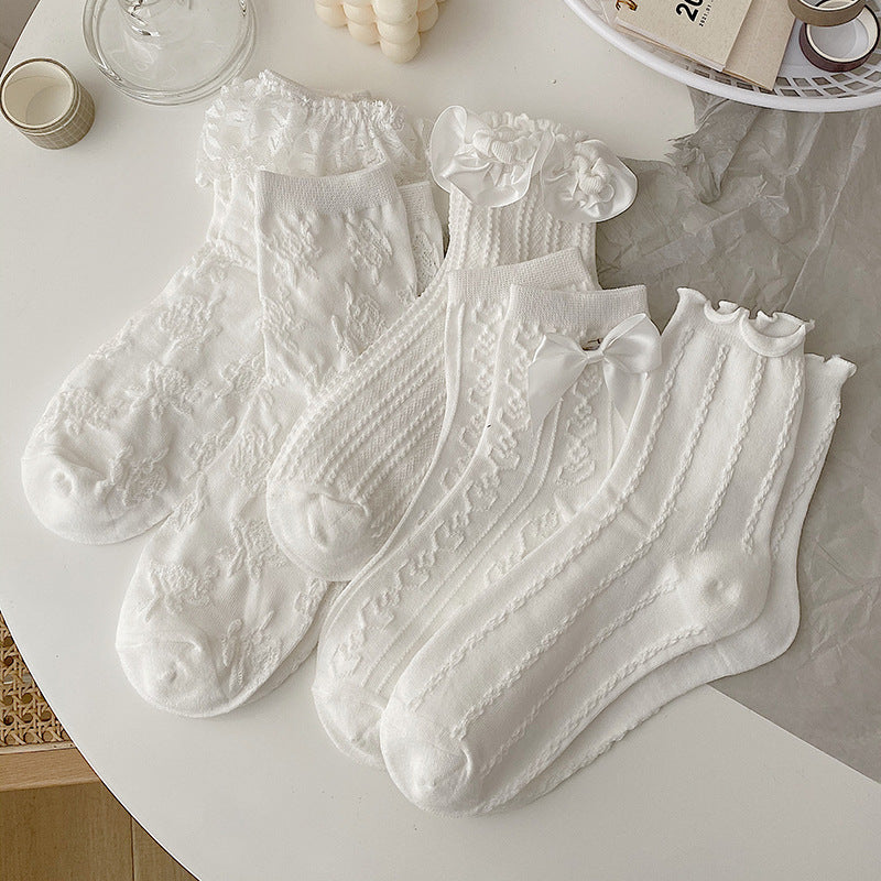 White Lolita Lace Socks Women's Mid Tube Cotton