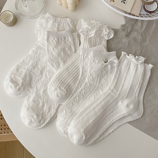 White Lolita Lace Socks Women's Mid Tube Cotton