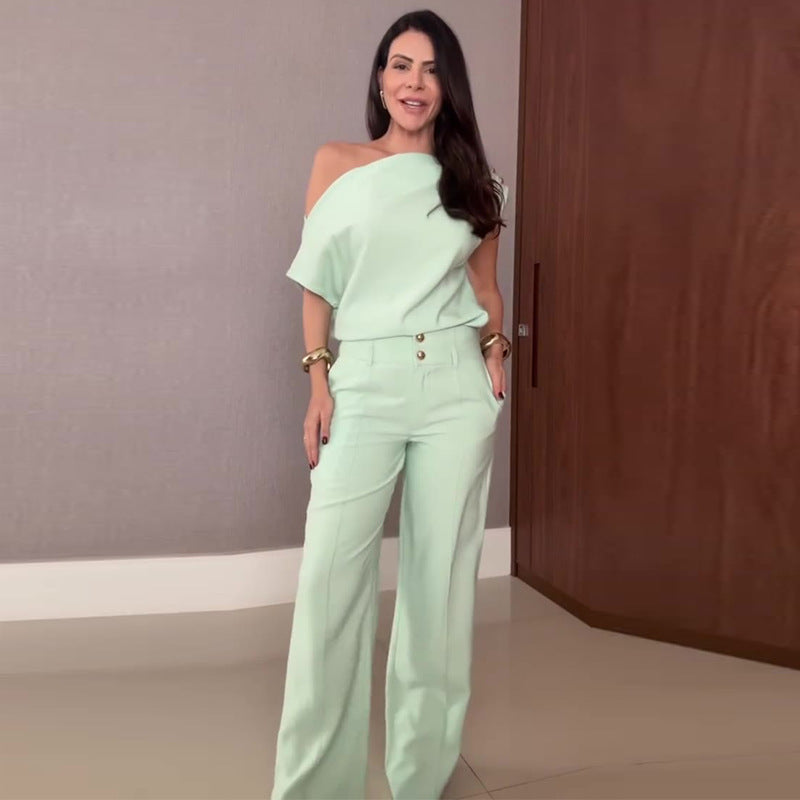 Womens Fashion Off-Shoulder Top And Simple Wide-Leg Pants Set