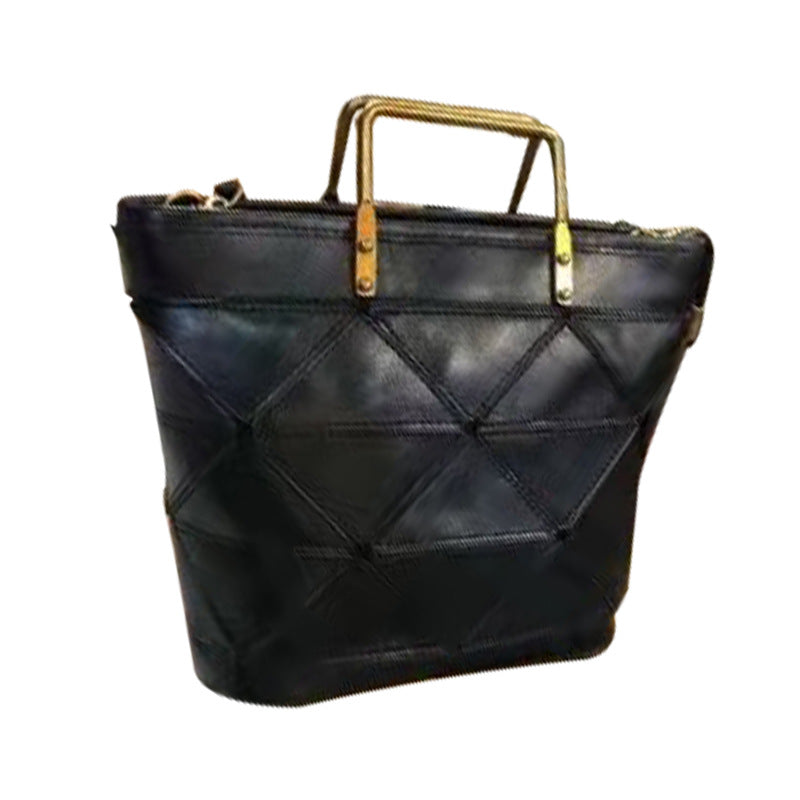 Geometric Stitched Cowhide Women's Bag Work Commute Literary Handbag