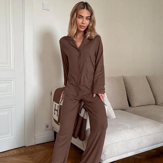 Knitted Pajama Set Long-sleeve Top And Long Pants In Brown Perfect For Fall And Winter