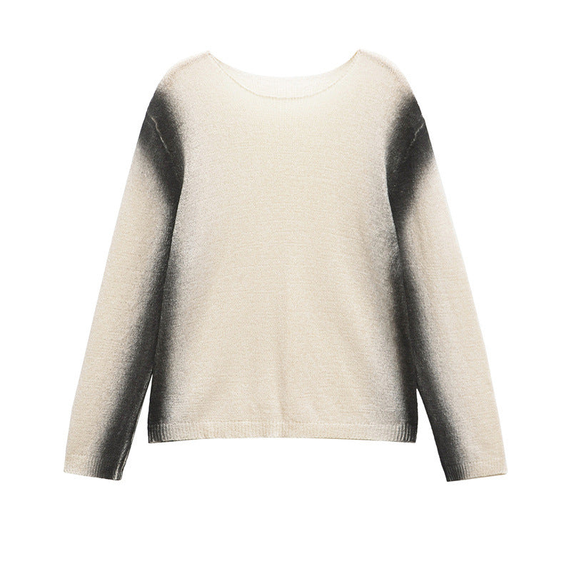 Round Neck Loose Faded Effect Printed Long Sleeve Sweater