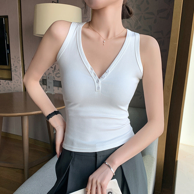 Button V Neck Slip Vest Womens Top