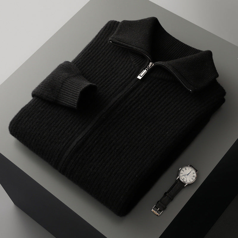 New Pure Wool Zipper Cardigan Fall Winter Men Lapel Shirt Coat