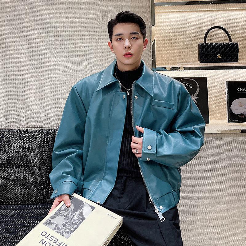 Casual Jacket Blue PU Leather Retro