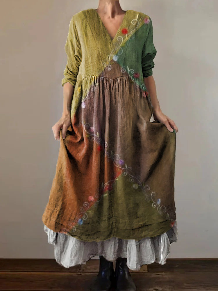 Womens Fashion Off-Shoulder Printed Three-Quarter Sleeve Swing Dress