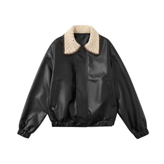 Color-blocked, Lapel-collar, Loose-fitting, Versatile, Trendy PU Leather Jacket For Couples