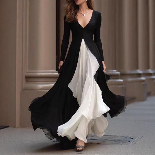 Womens French-style Long-sleeve V-neck Slim-fit Waist-cinching Dress