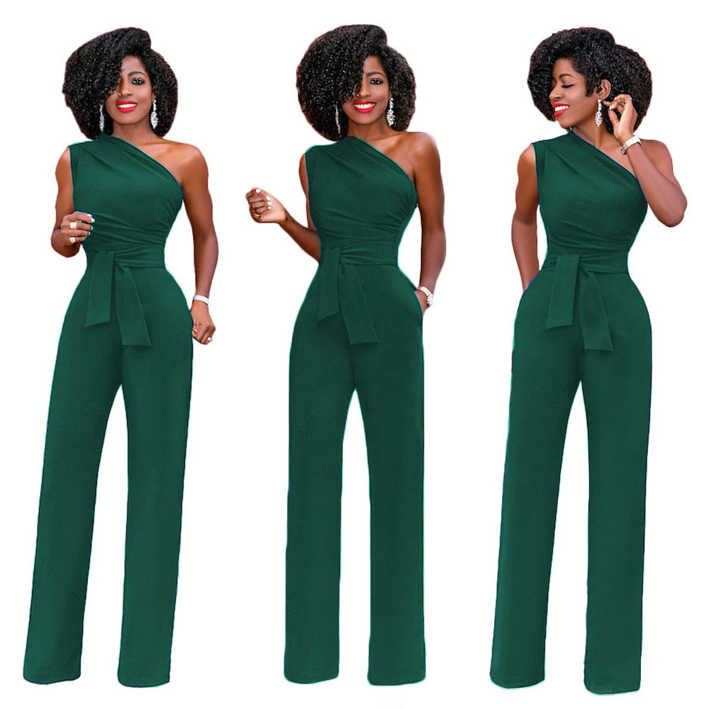 Solid-color Slanted-collar Buttoned Jumpsuit With Wide Legs
