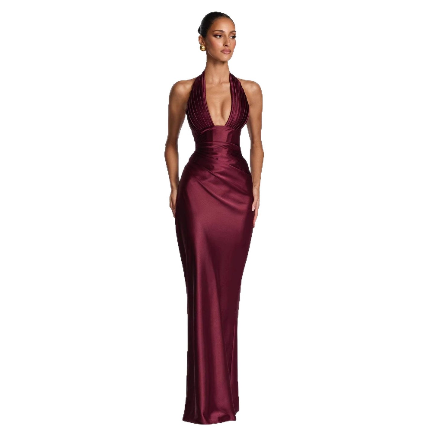 Neck-hanging Deep V-neck Pleated Lace-up Sexy Off-shoulder Slim-fit Long Dress
