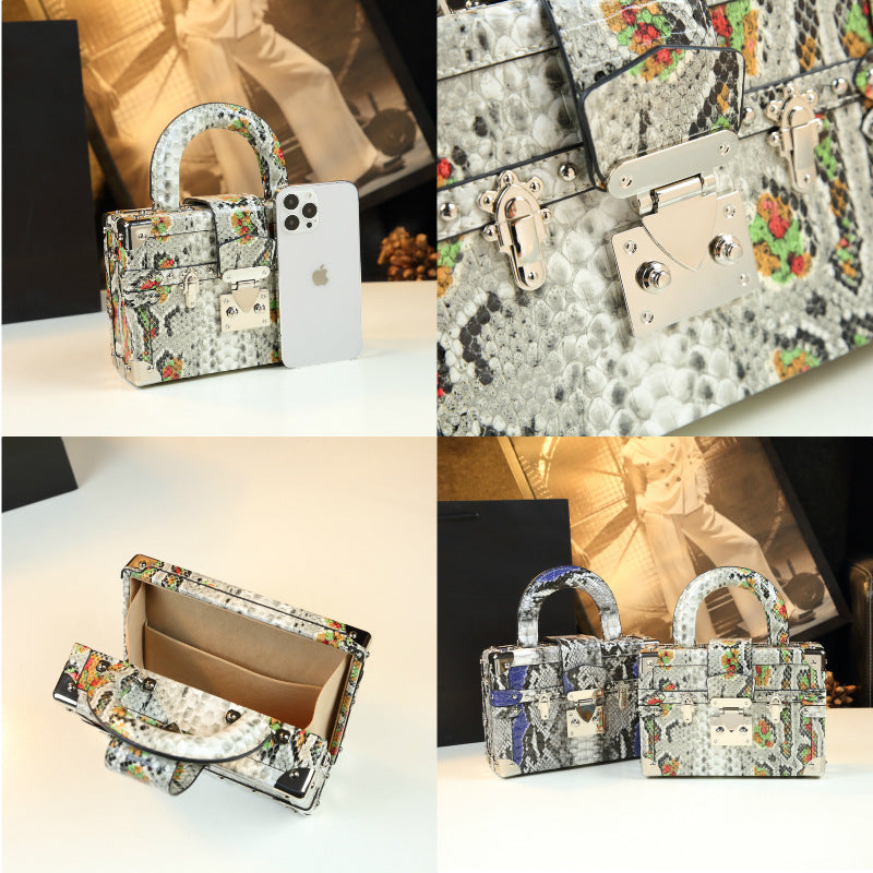 Snakeskin Leather Handheld Box Bag Fashionable Style