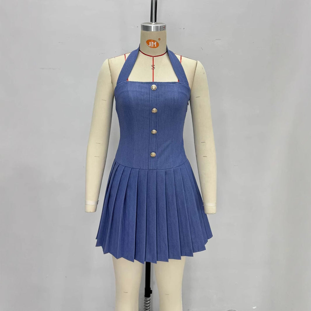 Womens Sleeveless Halterneck Pleated Mini Dress