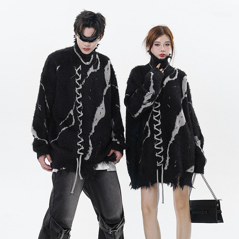 Ripped Design Jacquard Rope Turtleneck Sweater