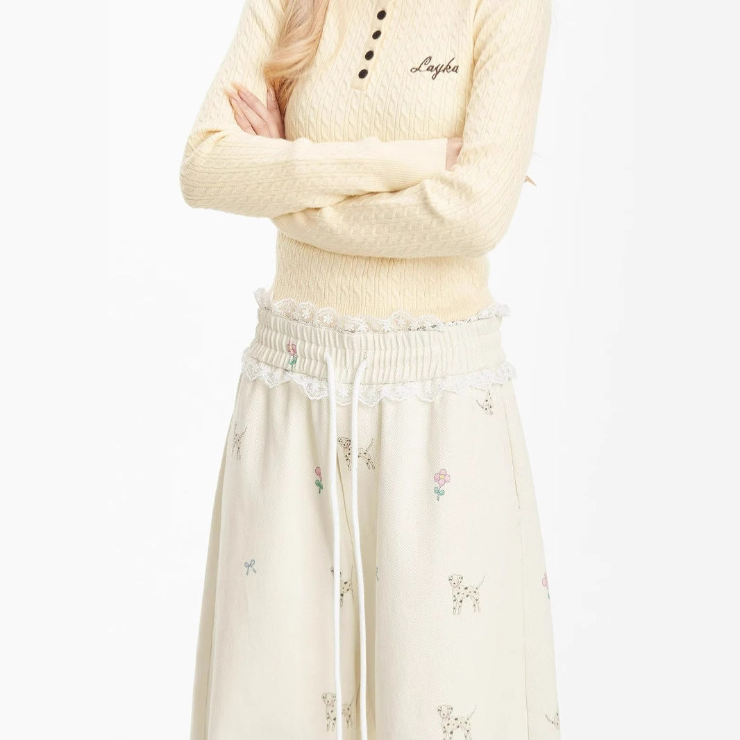 Womens Lace-Patchwork Casual Straight Pants With Puppy Print