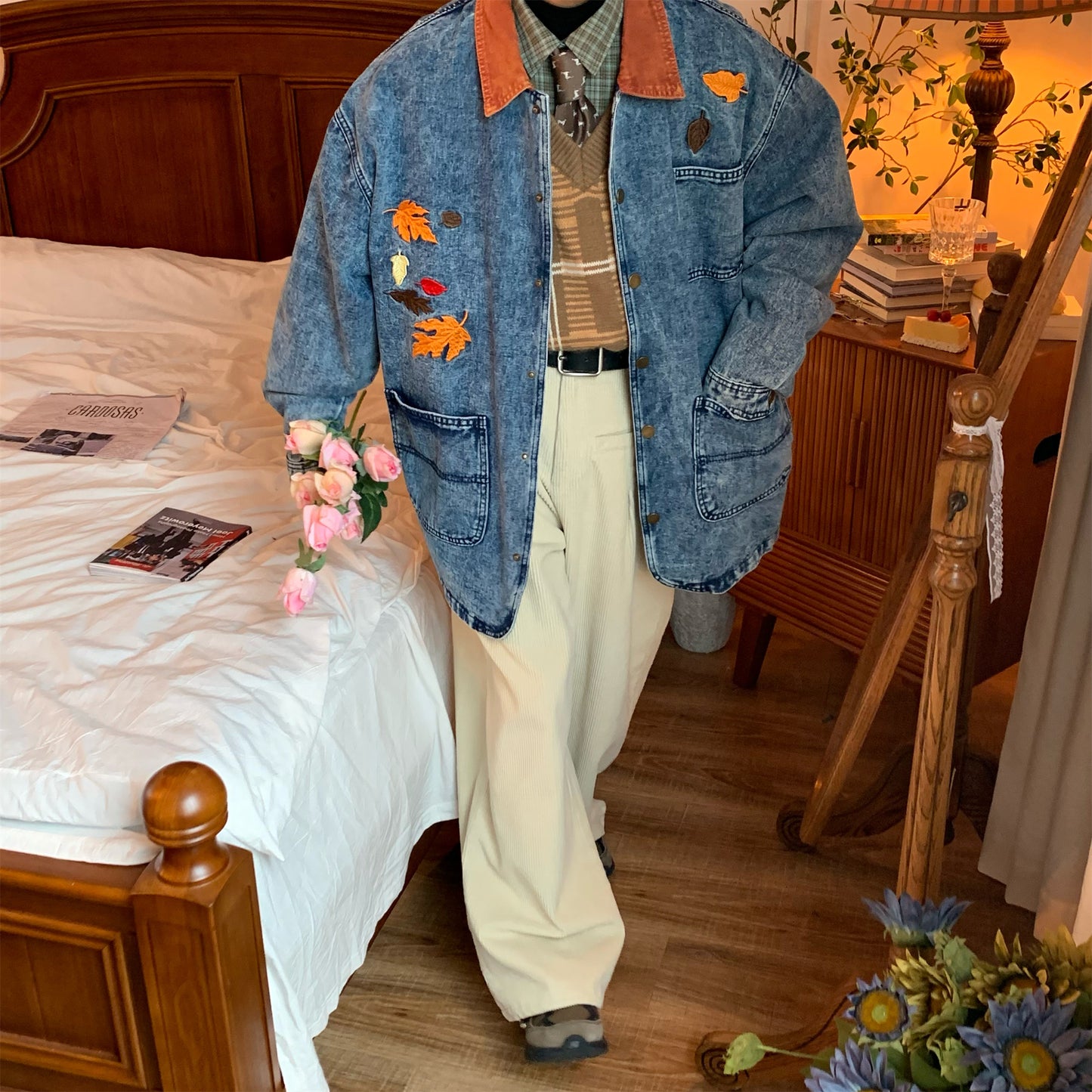 Vintage Maple Leaf Embroidered Washed Do The Old Cowboy Mid-length Coat