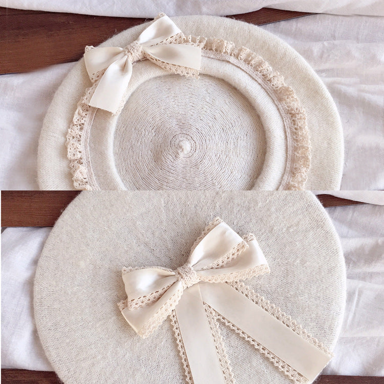 Woolen Bow Vintage Round Beret Hat