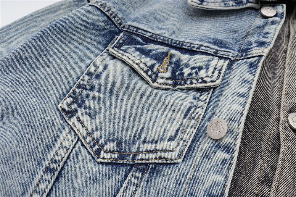 Spring And Autumn Stitching Contrast Color Washing Loose All-match Pu Handsome Denim Jacket