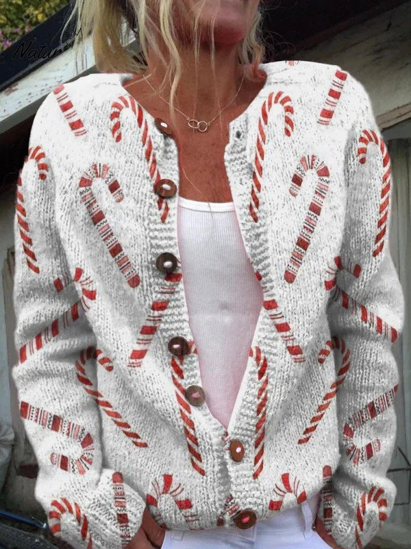 Ny strikket cardigan med 3D-print i løs pasform til damer – efterårs- og vinterstil