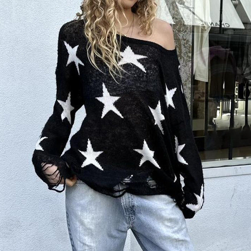 European And American Style Street Hot Girl Ripped Five-pointed Star Sweater