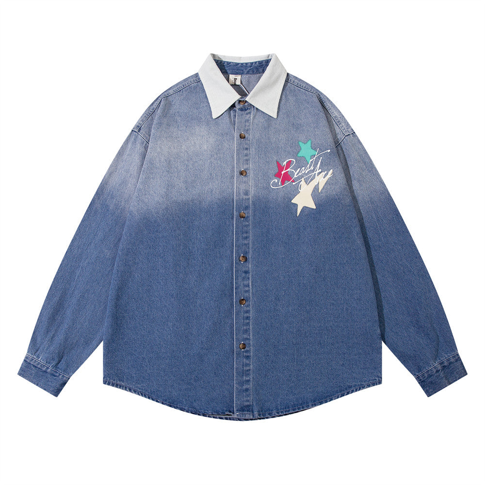 Trendy Design Five-pointed Star Letter Printing Denim Shirt
