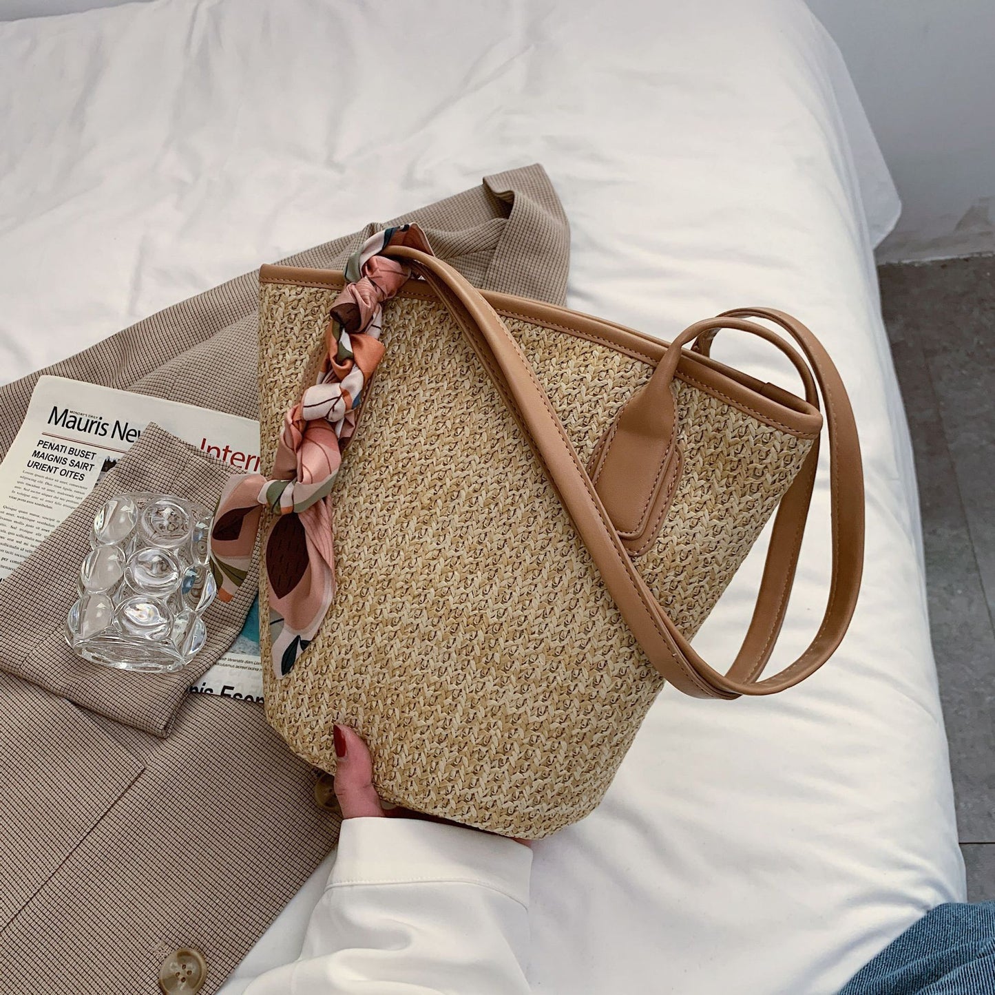 Women's Ins Straw Large Capacity Simple Silk Scarf Rattan Handbag