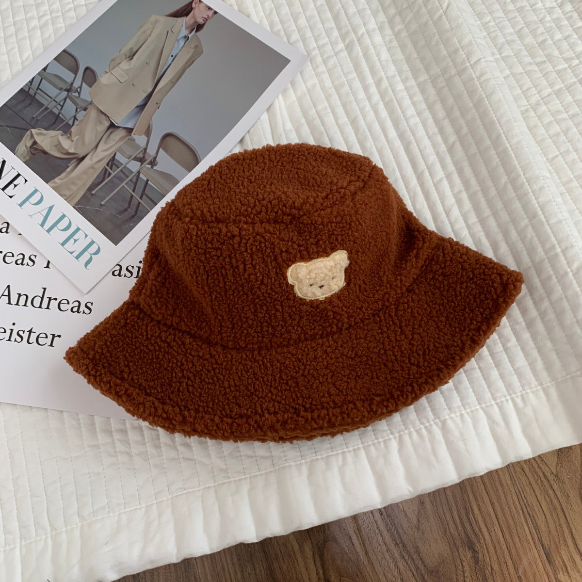 Korean Lamb Wool Cute Embroidered Bear Bucket Hat