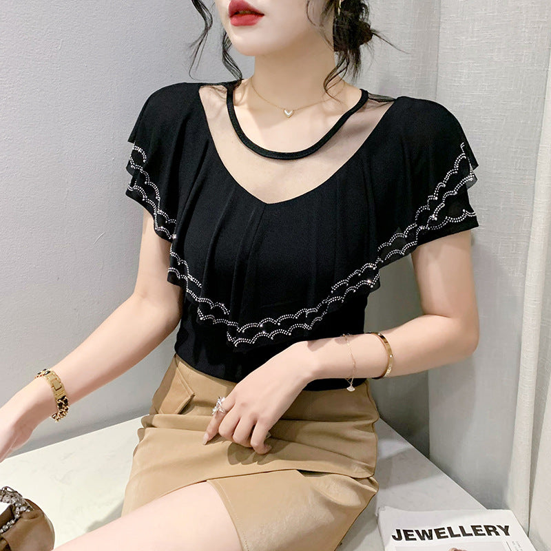 Heavy Embroidery Hot Drilling Fashion V-neck Flounce Diamond Short Sleeve Women